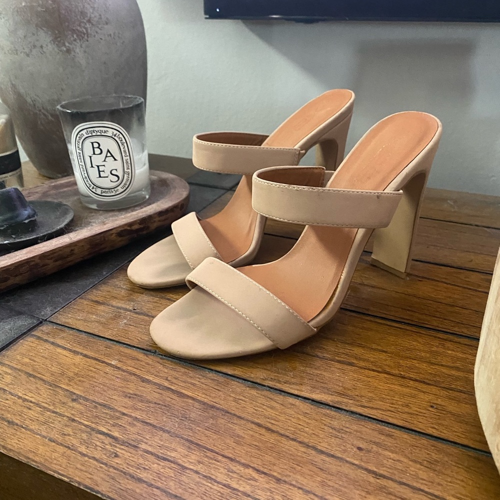 Strappy Nude mule heels
